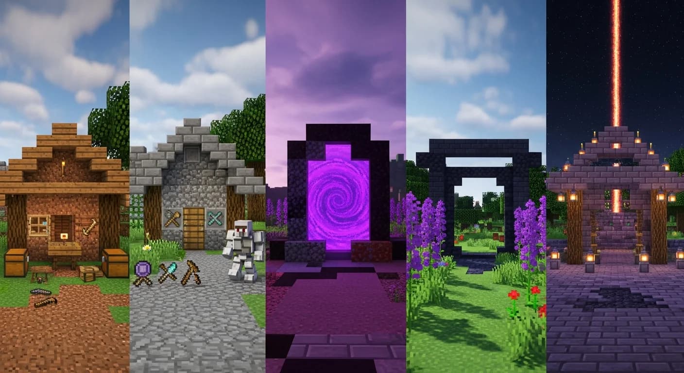 A Minecraft survival world showing five progression stages from a wooden starter hut to a Netherite-era base with beacon beams, deepslate brick walls, and sea lanterns under a starry sky.