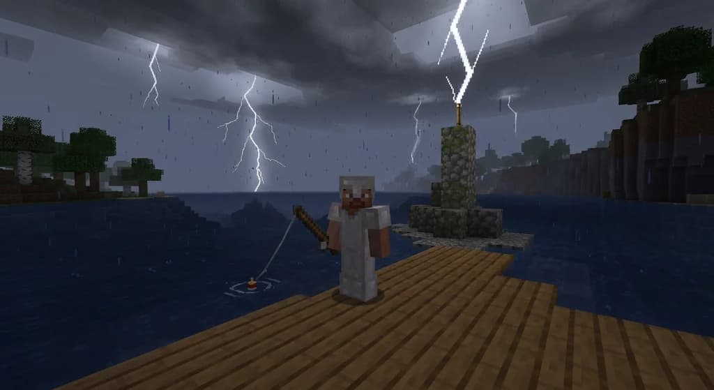 Minecraft player fishing during a thunderstorm with a lightning rod for safety.
