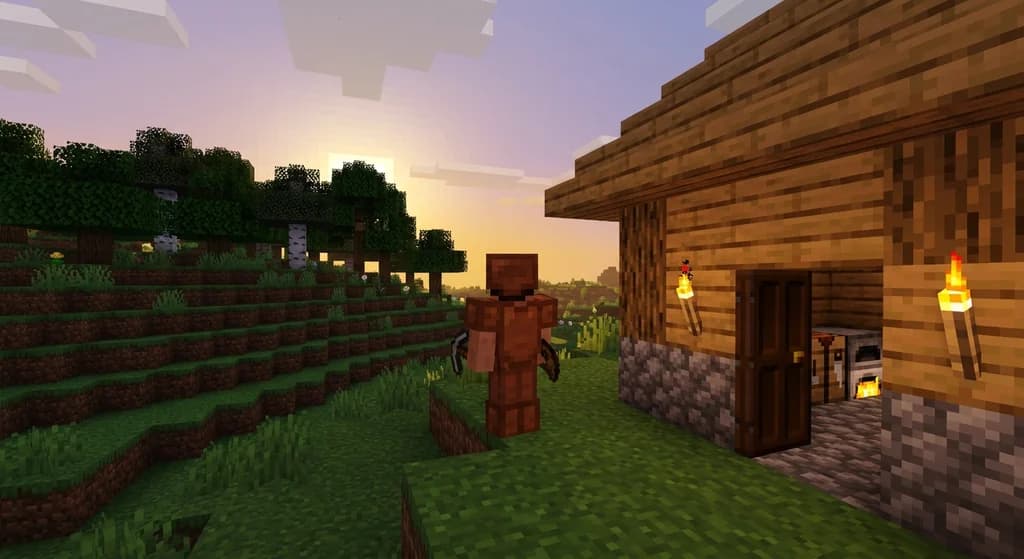 A Minecraft beginner player in leather armor standing outside a small oak wood shelter at dusk with torches glowing, crafting table visible inside, rolling hills in the background