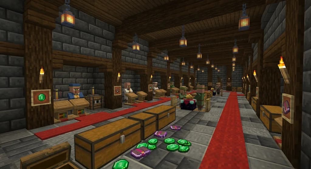 A Minecraft trading hall built from deepslate and oak planks with rows of profession villagers at job site blocks, golden lanterns overhead, and chests full of emeralds and enchanted books in the foreground.