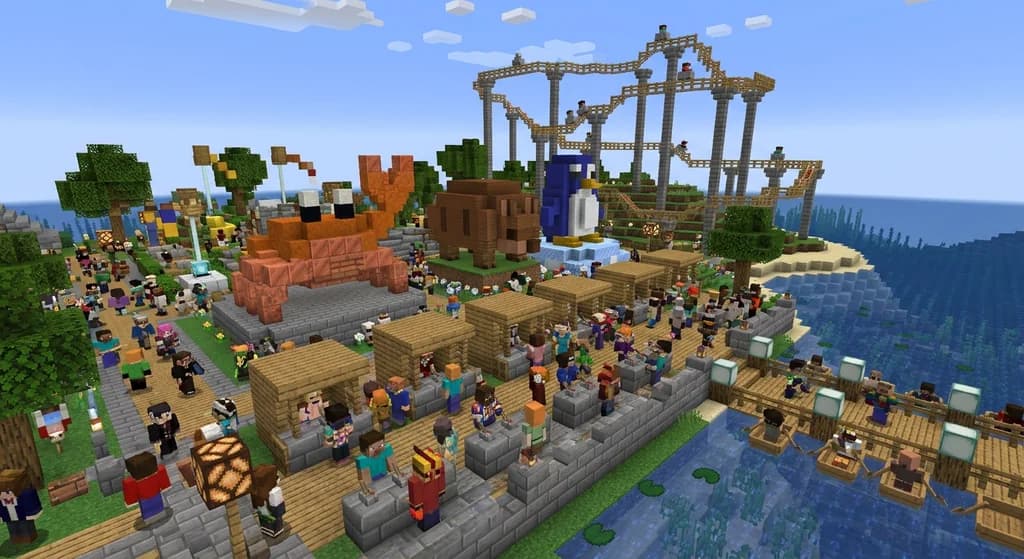 A Minecraft event server island with three mob statues and players voting at levers.