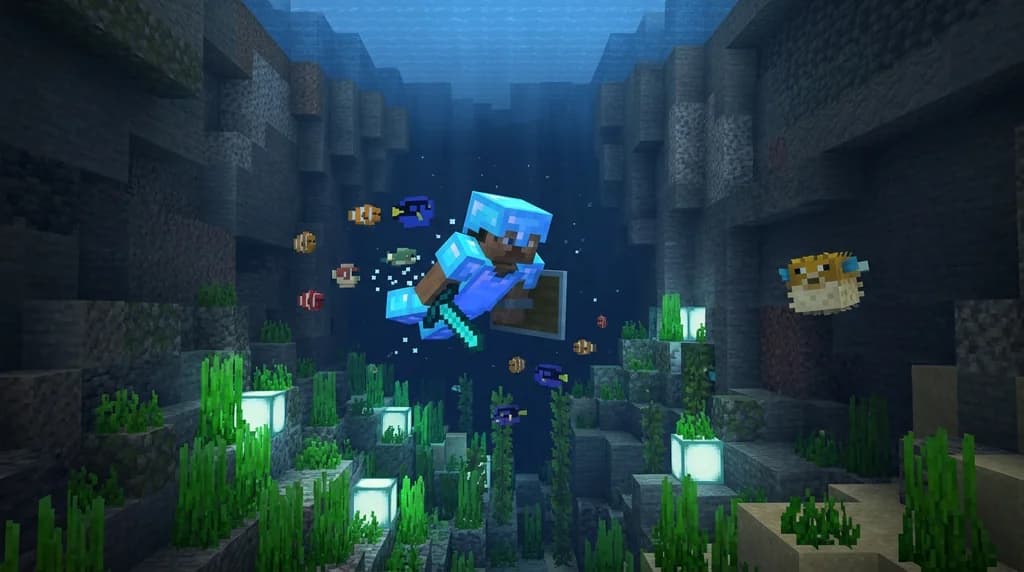 Player swimming underwater with the Water Breathing status effect active, surrounded by fish and kelp in a deep ocean biome.
