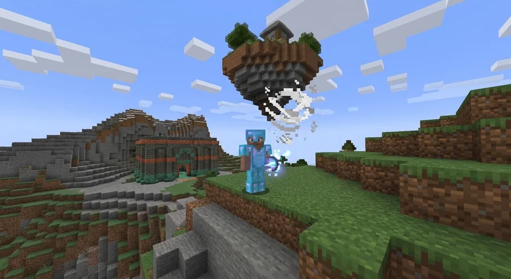 A Minecraft player using a wind charge to launch upward in a windswept hills biome, with a trial chamber in the distance.