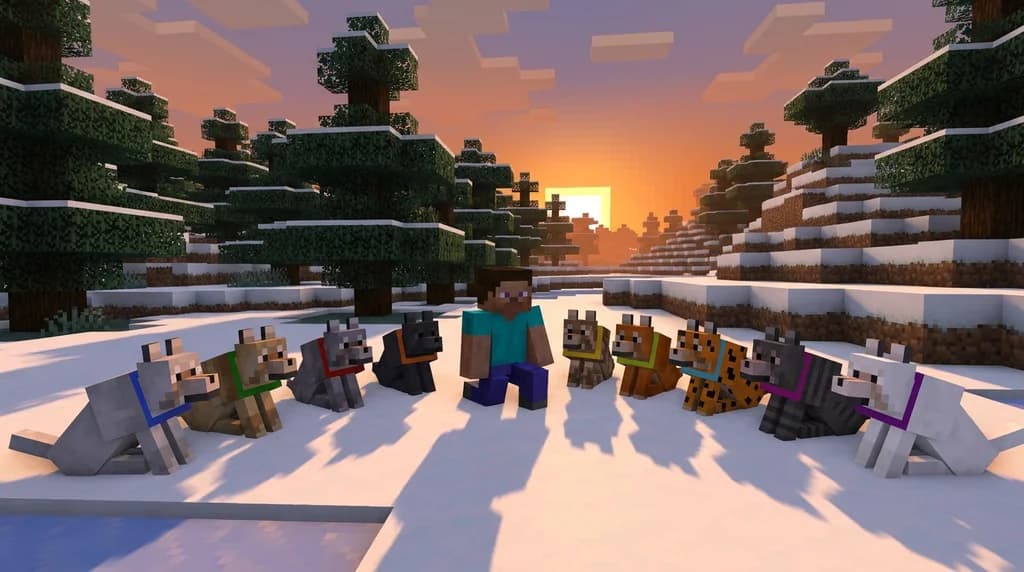 Minecraft player surrounded by all nine wolf variants in a snowy grove biome, showcasing the diverse fur patterns and colors introduced in the wolf variant update.