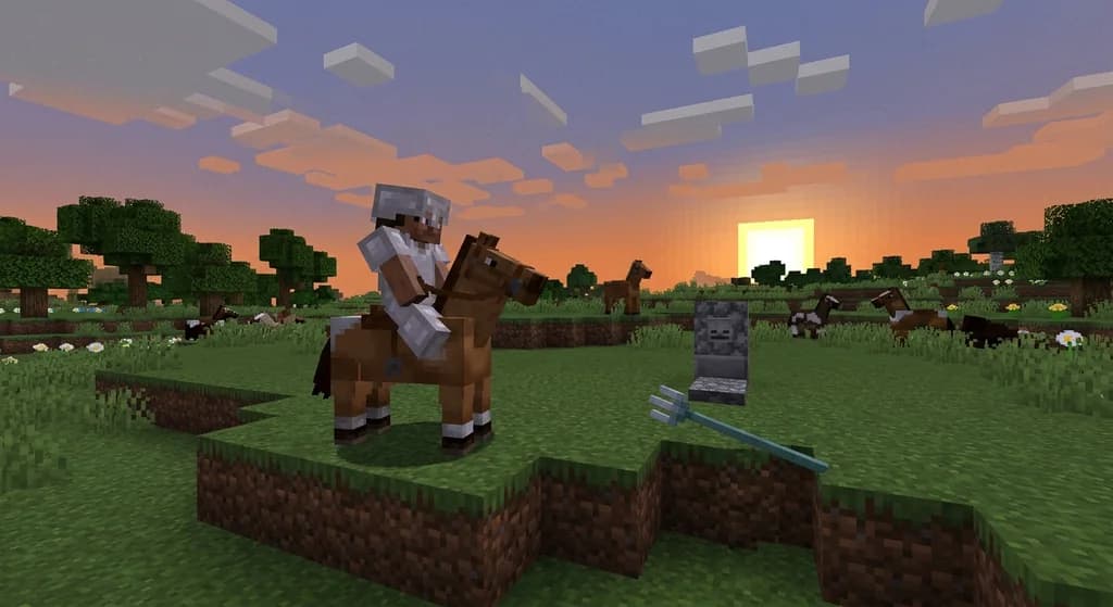 A saddled horse and rider walking in a tight circle on a grassy plain, with a trident enchanted with Loyalty forming a loop near a player's death marker.