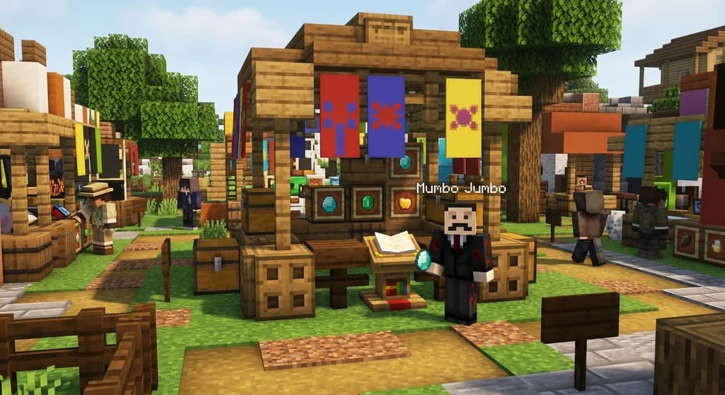 Minecraft Hermitcraft shopping district with an auction stand and Mumbo Jumbo character holding a diamond, surrounded by players and stalls.
