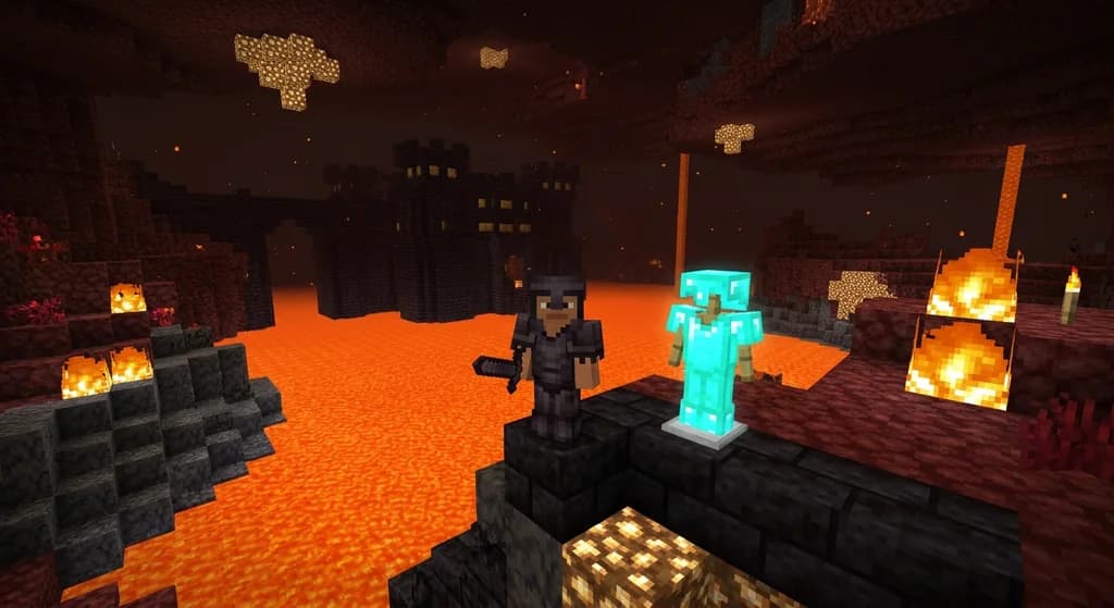 A side-by-side comparison of a player wearing netherite armor and a diamond armor set on a stand, set in the Nether.