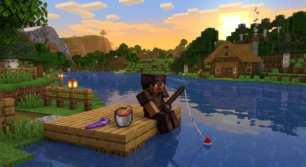A Minecraft player fishing from a wooden dock at sunset, with an enchanted bow lying on the dock beside them, illustrating the chance of catching an enchanted bow while fishing.