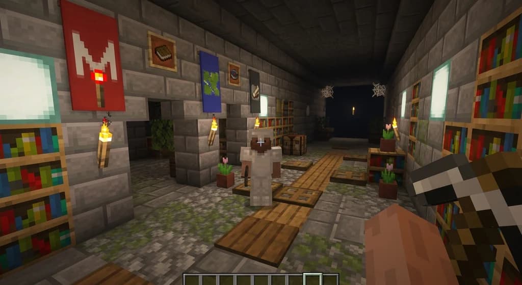 A player viewing three portals representing the official Minecraft Discord servers.