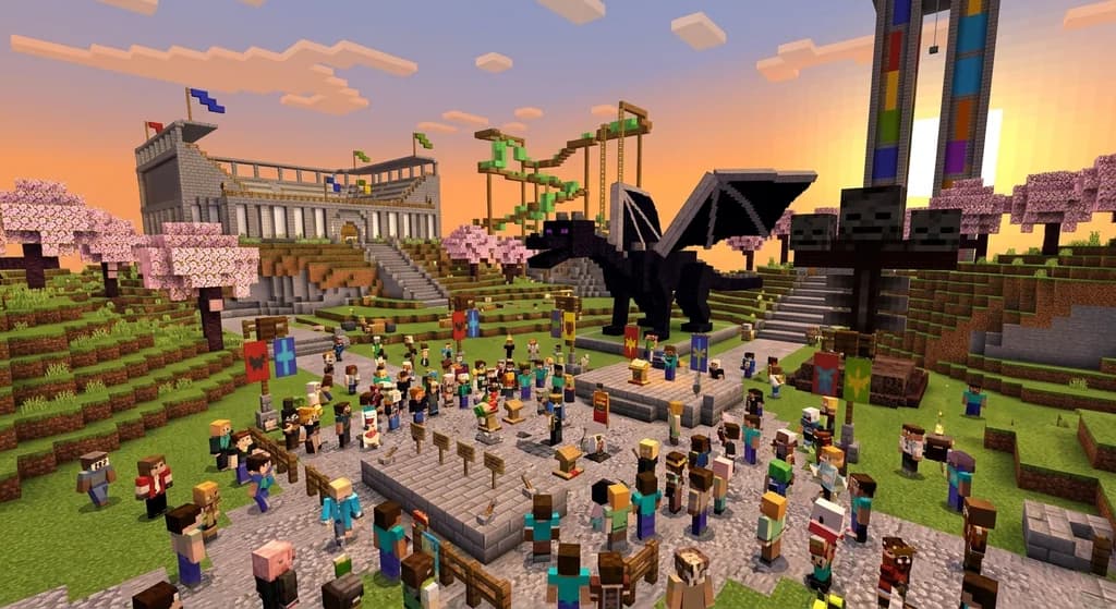 Minecraft players at a Live Event server with boss voting area, battle arena, and parkour, sunset lighting.