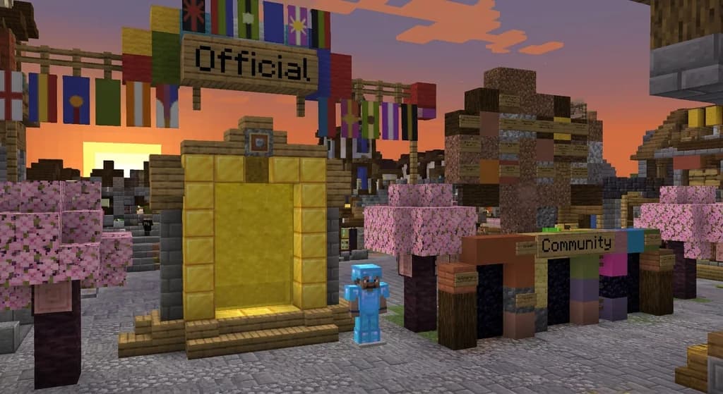 A split view of an official server portal with banners and a community server bulletin board with handwritten signs in a Minecraft town.