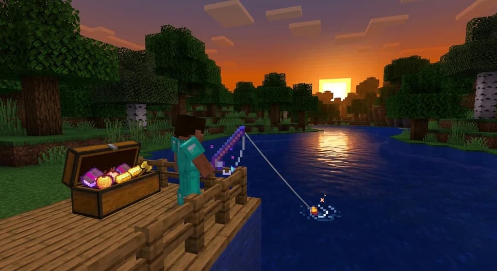 Minecraft player fishing from a dock with an enchanted rod, treasure chest full of rare loot including enchanted books nearby, dusk lighting over a calm lake