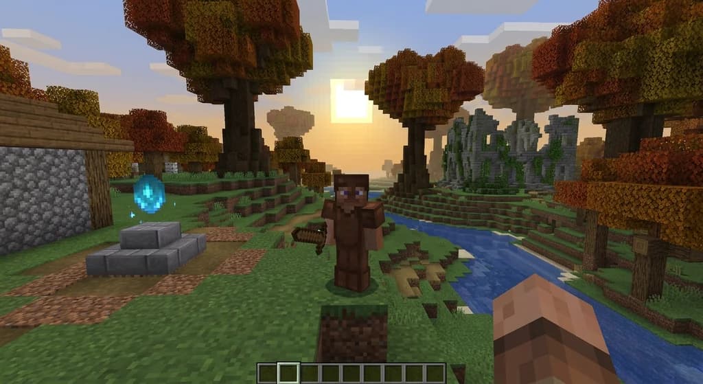 A player character overlooking an autumnal biome from the Otherworld modpack, with an ancient structure and a glowing Soul Shard in the foreground.