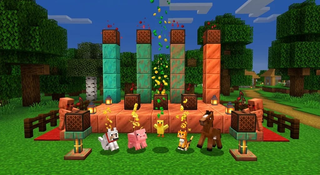 Minecraft copper relay stage with oxidized note blocks at four oxidation levels, baby mobs frozen by golden dandelion particles, and copper golems acting as conductors in a meadow at dusk