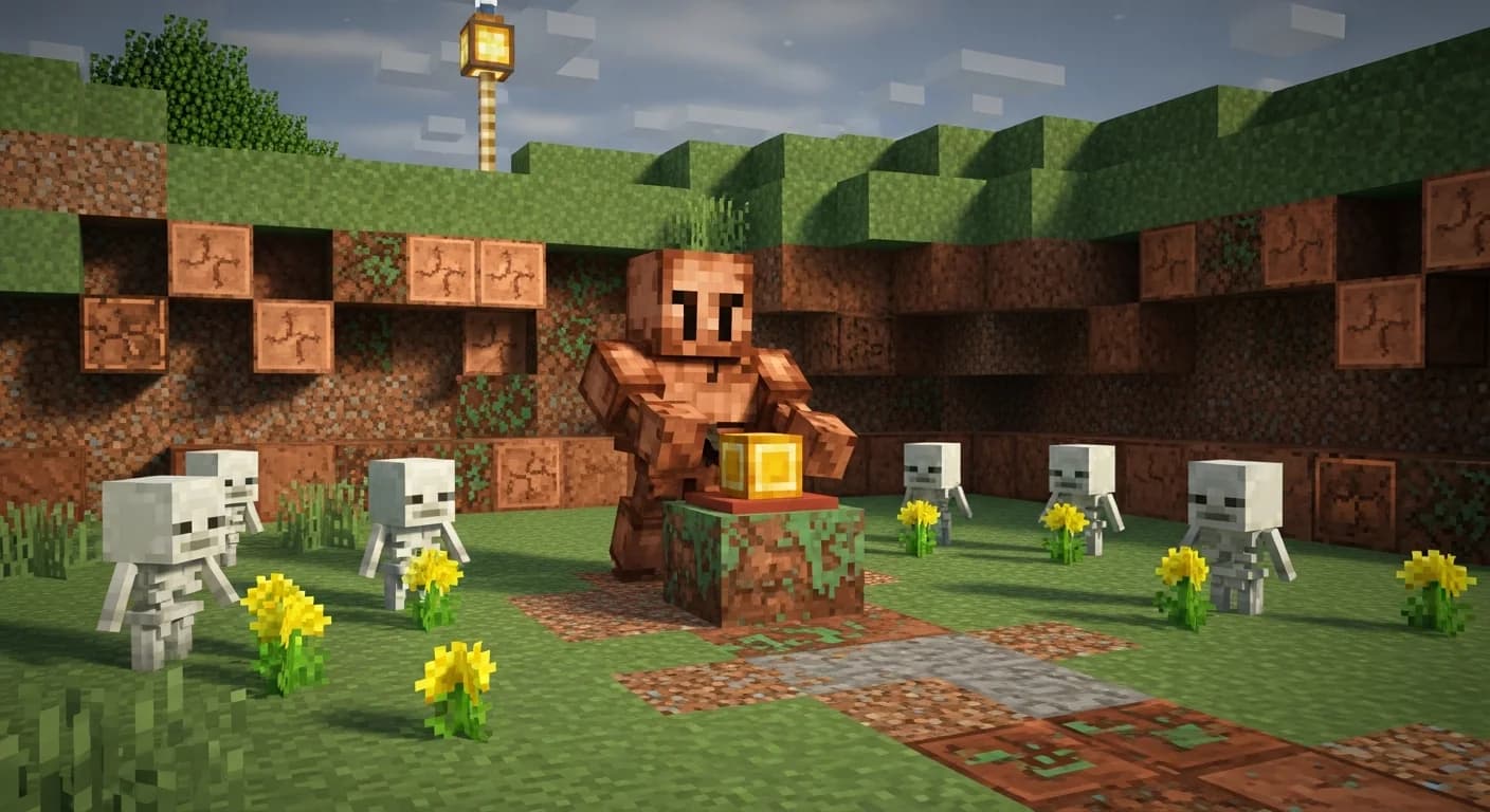 A Copper Golem pressing a randomized button surrounded by Golden Dandelion-frozen baby mobs and oxidizing Copper Chests in a Minecraft escort challenge scene