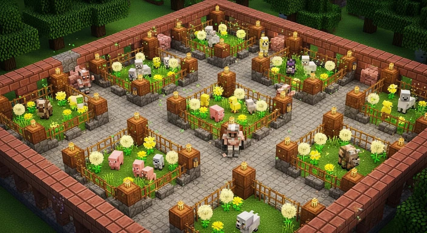 A sprawling Minecraft baby mob zoo with copper-framed exhibits, golden dandelions glowing in each pen, and Copper Golems patrolling the pathways between tiny adorable animals.