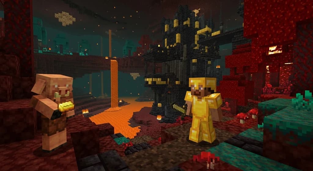 A player in golden armor bartering with a piglin in the Nether wastes biome with a bastion remnant in the background.
