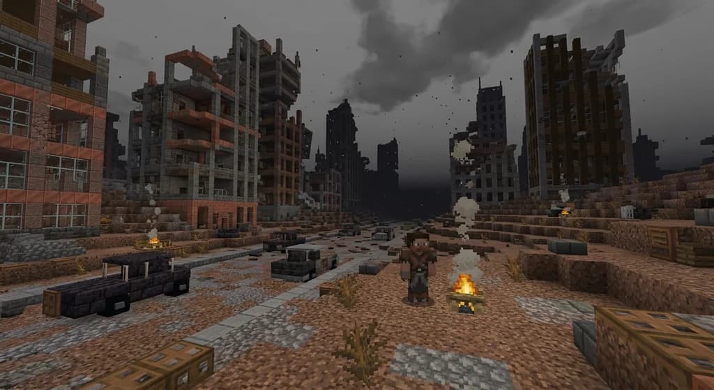 A post-apocalyptic Minecraft wasteland with ruined buildings using rusted metal and cracked stone blocks.