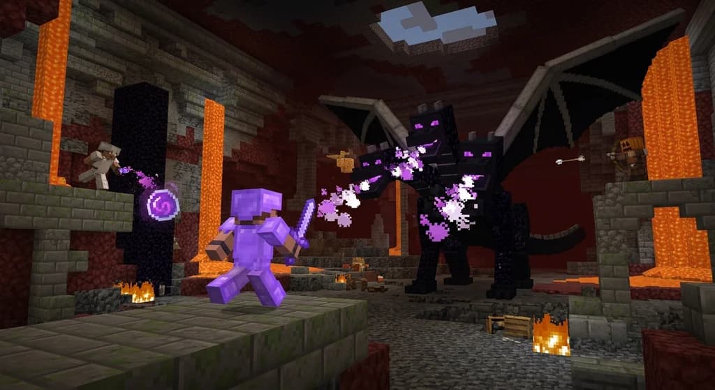 Minecraft player facing a massive custom raid boss in a ruined temple, illustrating preparation for MMORPG raids.