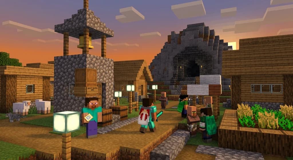 Minecraft players receiving quests from NPCs in a medieval village with a bell tower and dungeon entrance.