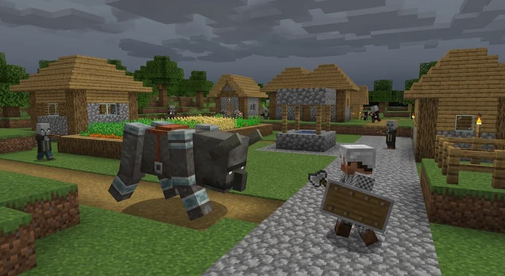 A ravager charging at a player with a shield during a raid in a plains village.