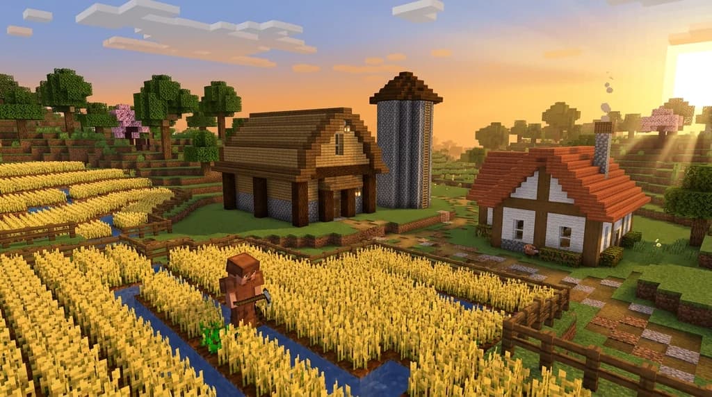 Minecraft rustic farm with barn, wheat fields, and farmhouse in golden light.