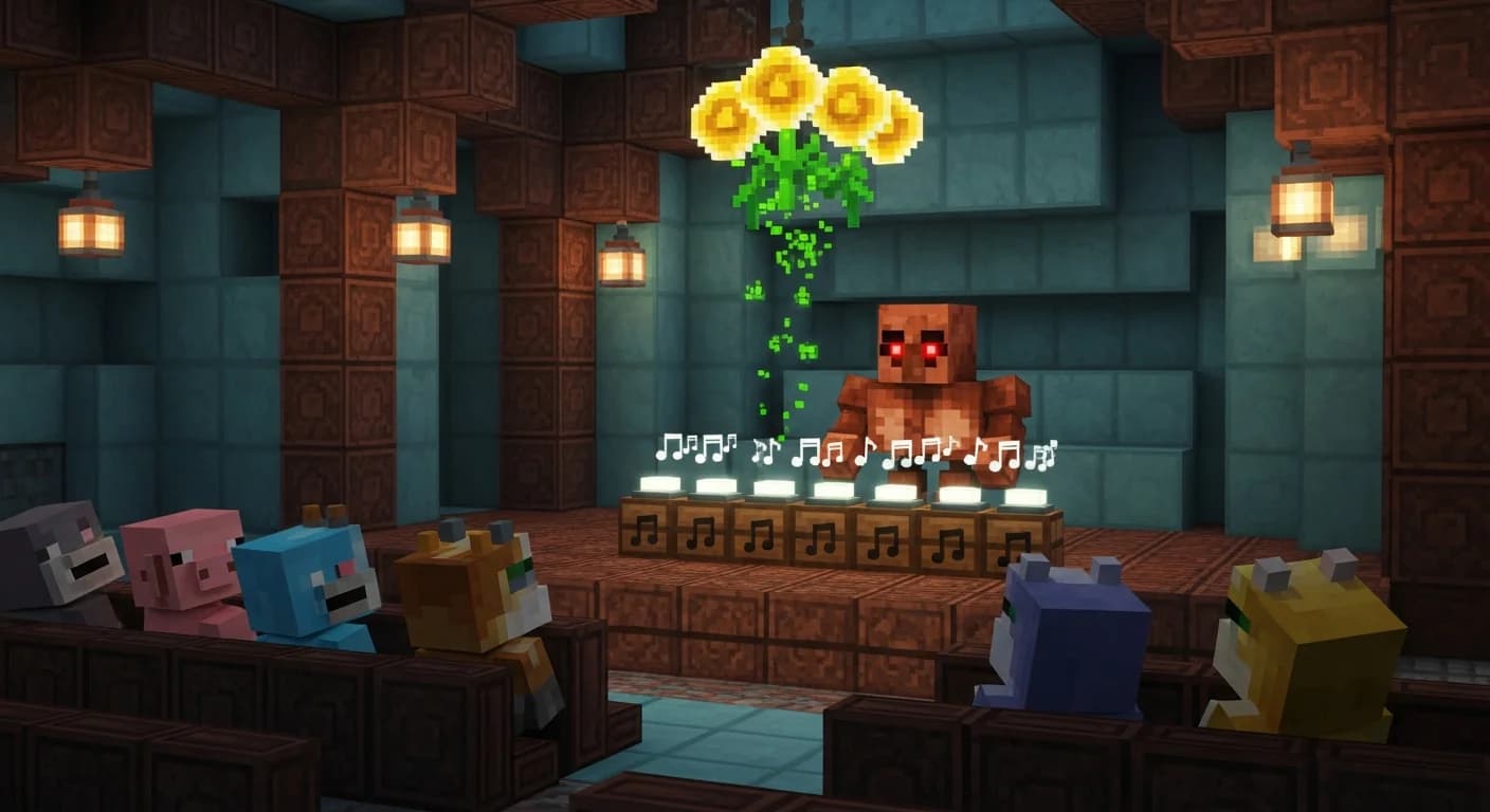 A Minecraft jazz club interior built from oxidized copper blocks, with a Copper Golem performing on stage surrounded by Trumpet Note Blocks and an audience of Golden Dandelion-frozen baby mobs