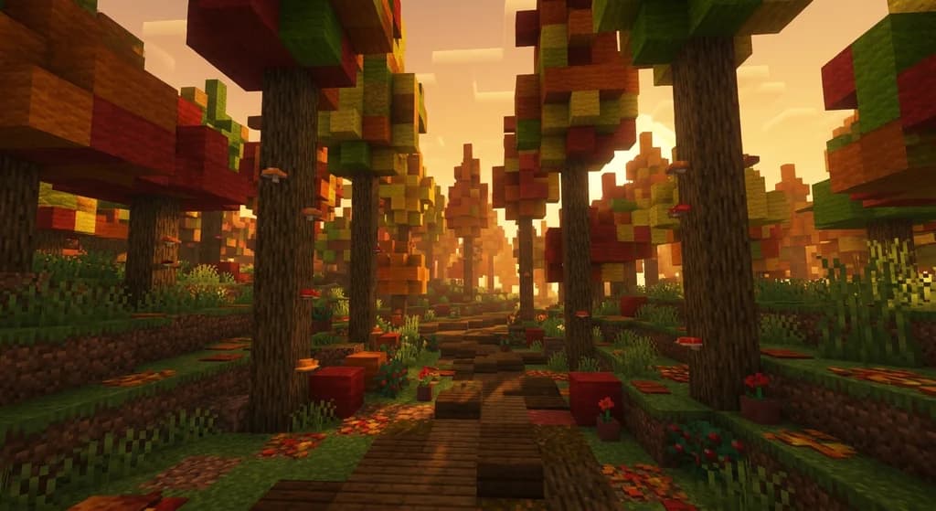 Minecraft dappled forest with poplar trees in autumn colors, shelf mushrooms on trunks, and red shrubs on the ground