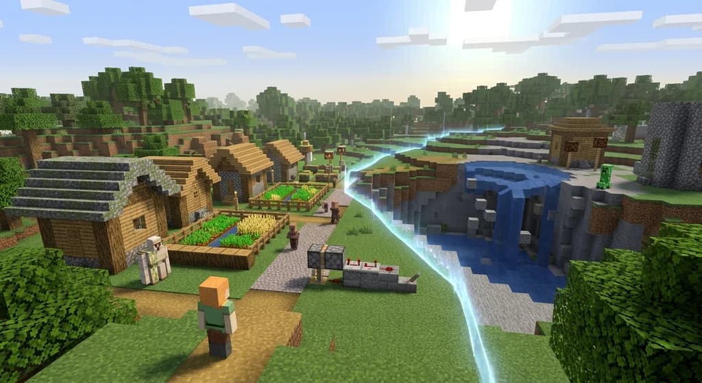 A Minecraft scene showing the boundary of simulation distance, with an active village inside the boundary and a frozen world outside.