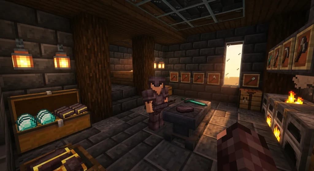 Minecraft player in Netherite armor using a smithing table inside a deepslate and dark oak forge room lit by sea lanterns, with diamond and Netherite ingots on nearby chests.