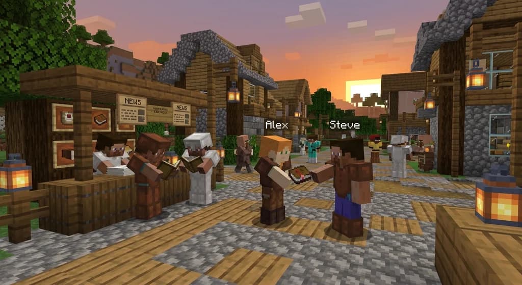Minecraft town square with a player-run newspaper stand, players reading and distributing written books.