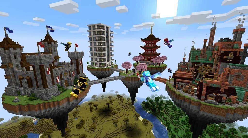 Floating islands with diverse Minecraft creative builds and players flying, representing the best creative servers of 2026.