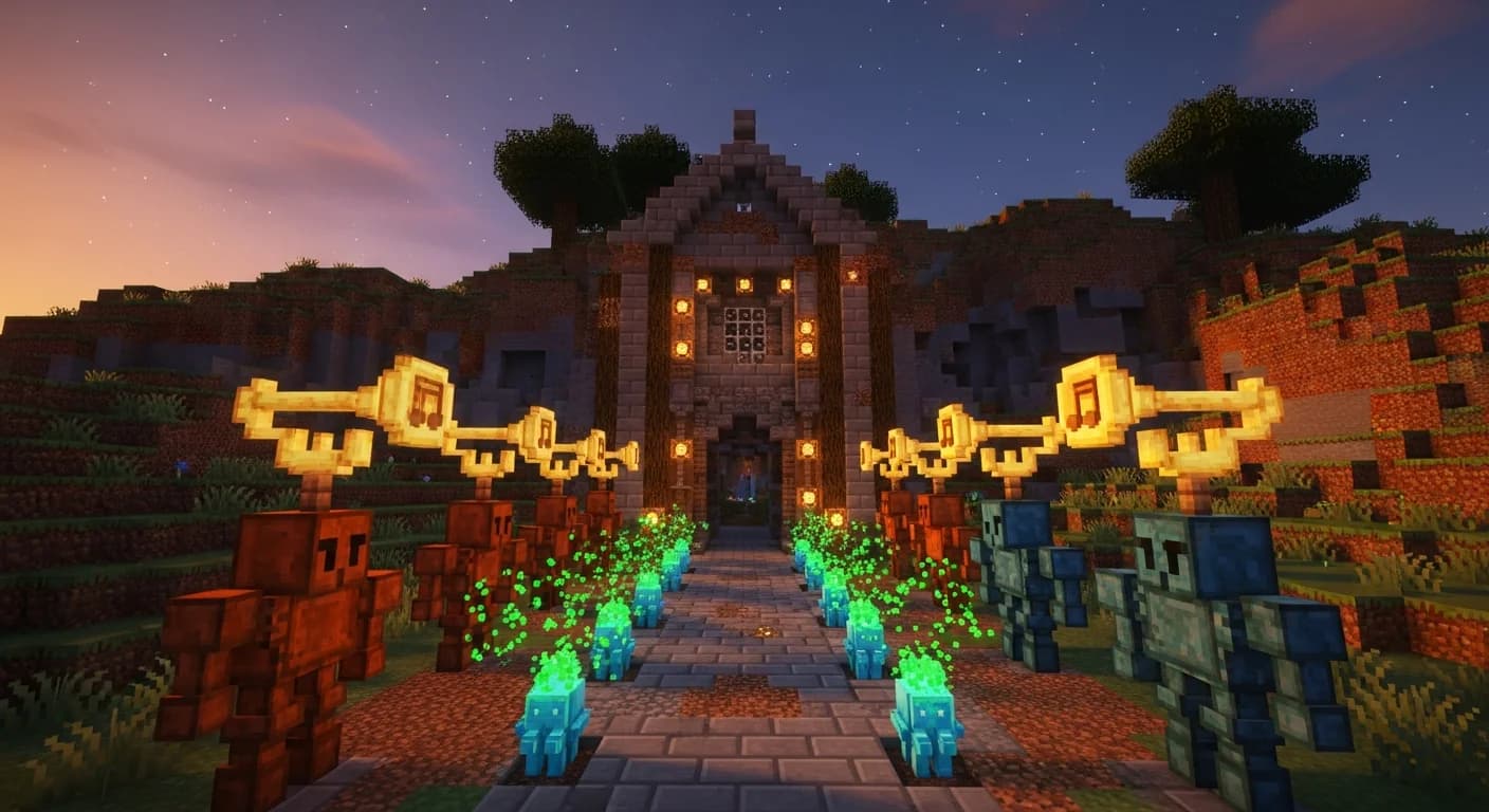 Tiny baby mob guards frozen by Golden Dandelions flanking a Minecraft base entrance, with oxidized Copper Golems and glowing trumpet Note Blocks creating a dramatic defense perimeter