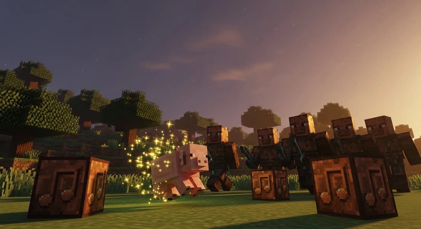 A baby pig age-locked by a Golden Dandelion surrounded by oxidized copper trumpet note blocks and a patrolling Copper Golem in a Minecraft stealth challenge setup
