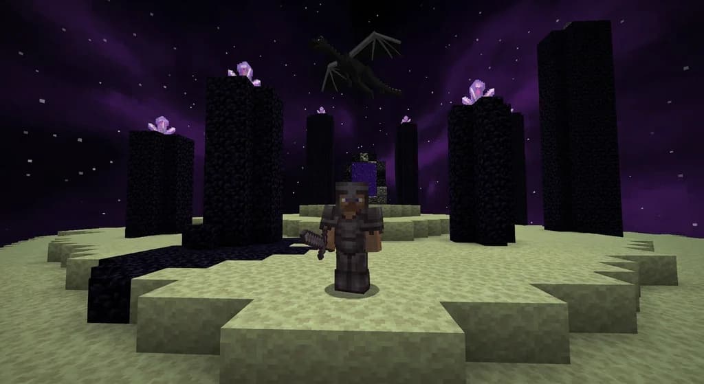 A Minecraft player in netherite armor facing the Ender Dragon in The End dimension, obsidian pillars with glowing End Crystals visible in the background against a starry purple sky.