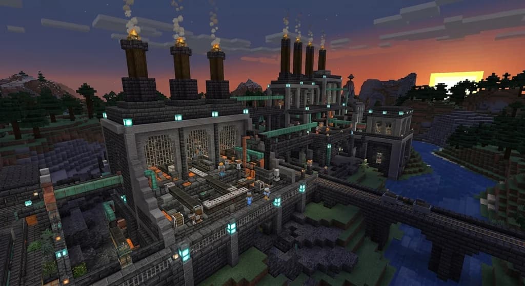 A large Minecraft factory build using deepslate bricks, gray concrete, blackstone, and oxidized copper with glowing sea lanterns and dark oak smokestacks at dusk