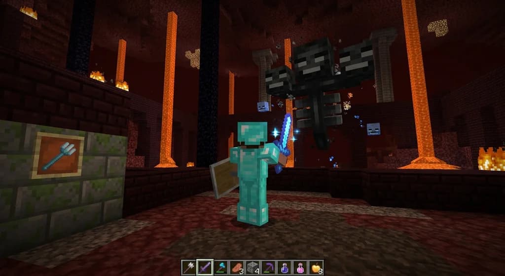 Minecraft player preparing for boss fight with enchanted weapons in a nether arena