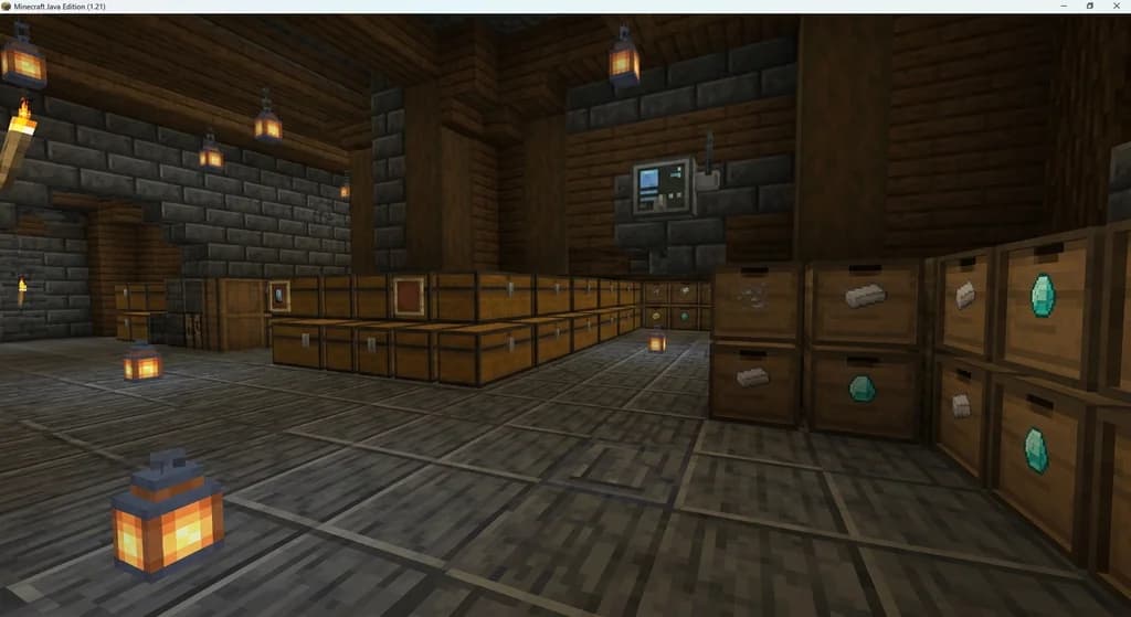 A Minecraft survival storage room built from deepslate and dark oak, lined with Sophisticated Storage chests, Storage Drawers, and a wall-mounted storage terminal under warm lantern lighting.