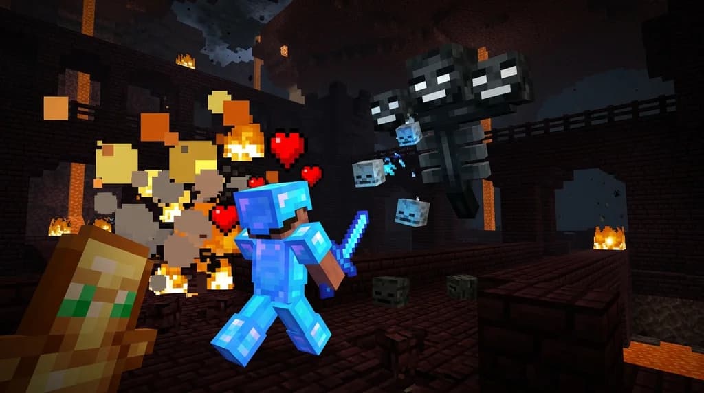 Player with totem of undying surviving a Wither boss fight in Minecraft