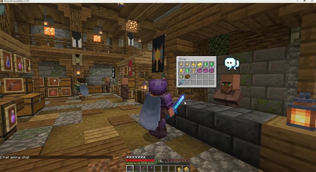 A Minecraft player selling a custom enchanted sword to a glowing NPC vendor inside a medieval marketplace, exchanging gear for gold and tokens.