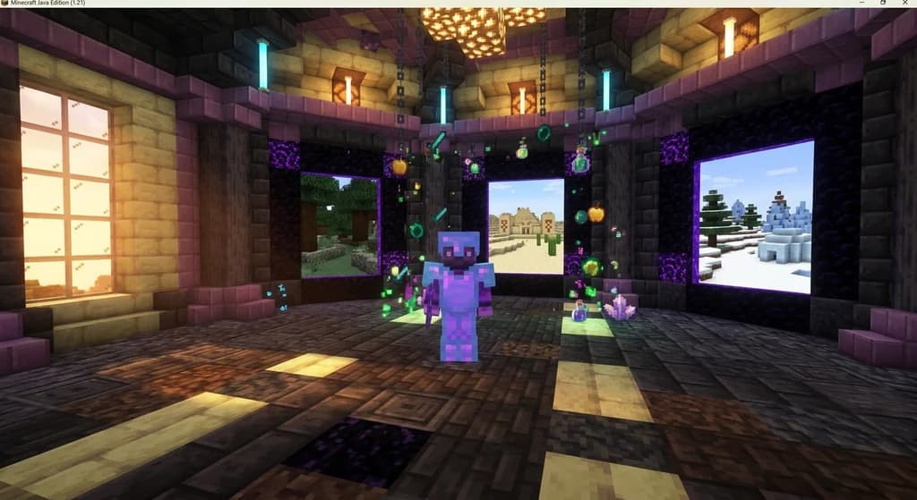 Minecraft player transferring enchanted items between servers in a portal hub.