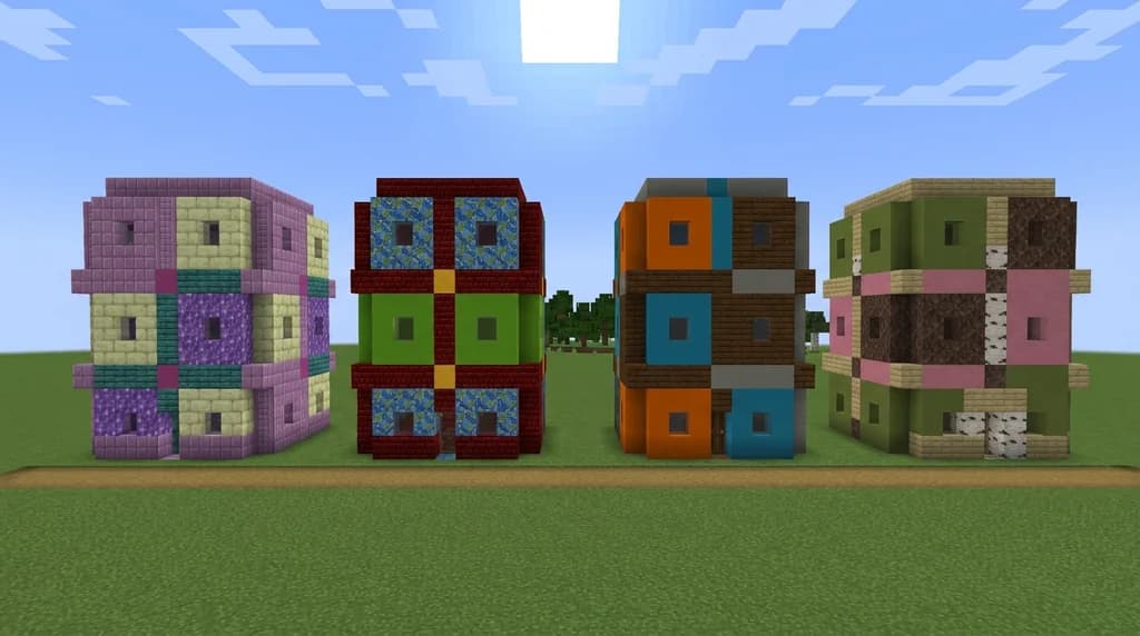 Four Minecraft builds side by side each using a different triadic color palette made from purpur, warped stems, yellow concrete, red nether bricks, and blue glazed terracotta blocks
