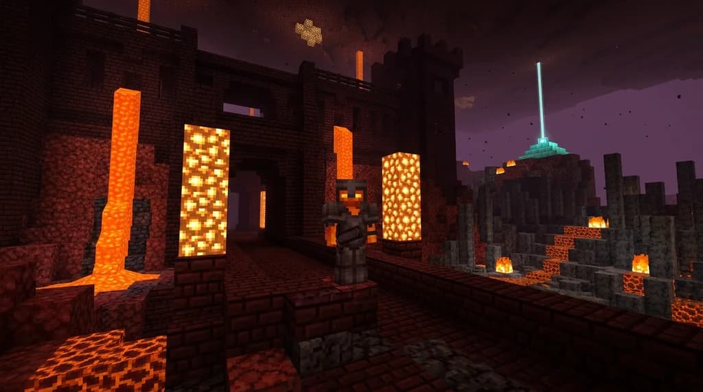 A Minecraft player in Netherite armor standing at a Nether fortress entrance surrounded by glowstone, lava, and a distant diamond beacon on a basalt delta biome