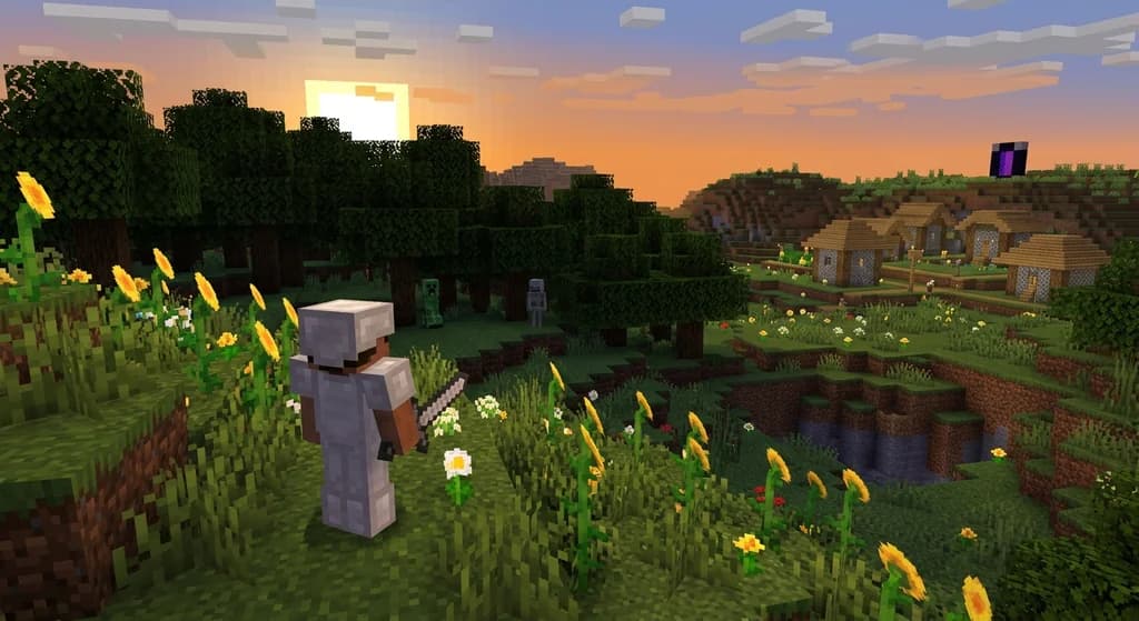 Minecraft player in sunflower plains gazing at a dark forest with hostile mobs and a Nether portal in the background, illustrating biome progression.