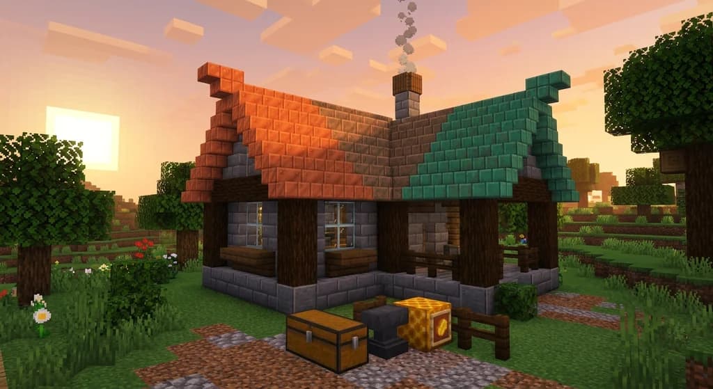 Minecraft building with copper roof showing three oxidation stages: normal orange, exposed brown, oxidized teal, with honeycomb nearby.