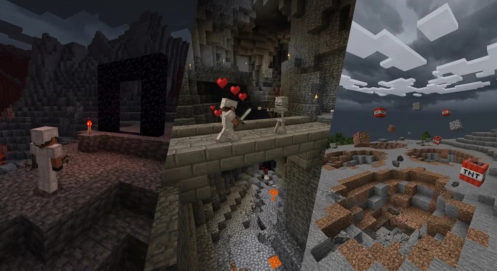 Three-panel Minecraft scene showing Hardcore, Lifesteal, and Anarchy server themes with a player, combat, and chaotic terrain.