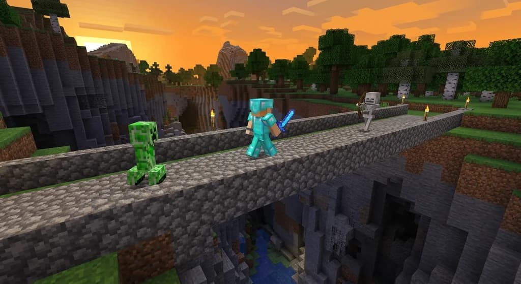 A player in diamond armor facing a creeper and skeleton on a bridge over a ravine, representing the high stakes of hardcore mode.