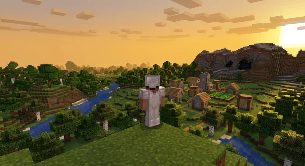 Minecraft player overlooking a large, optimized landscape with high render distance, representing the enhanced experience from mods and customization.