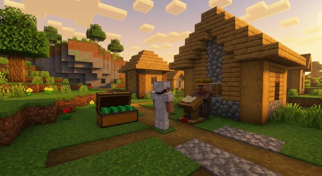 Player trading with villager in plains village with emeralds