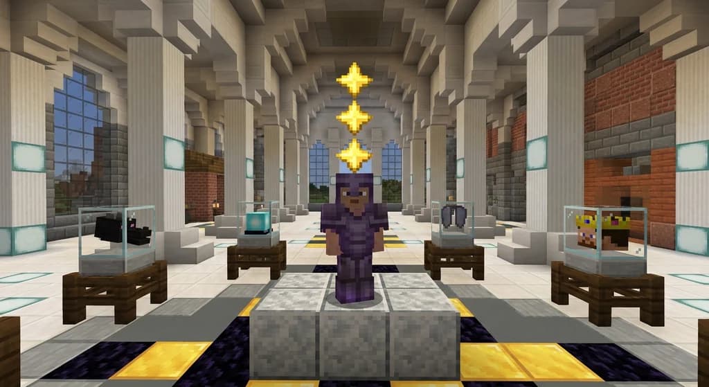 Minecraft prestige rewards hall with player displaying rank icons and locked pedestal cosmetics